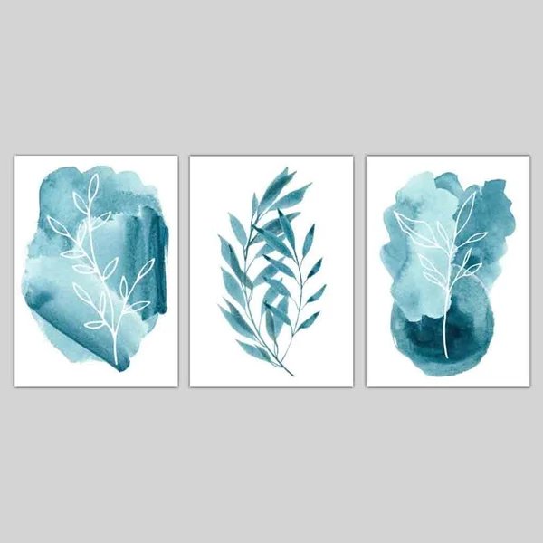 ABSTRAKT Set aus 3 aquablauen floralen Wandbildern