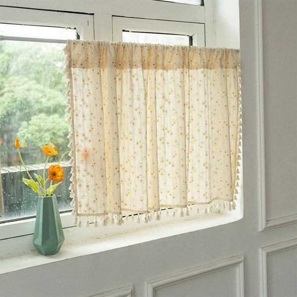 Beige Gänseblümchenmuster Stufenvorhang aus Baumwoll-Leinenstoff