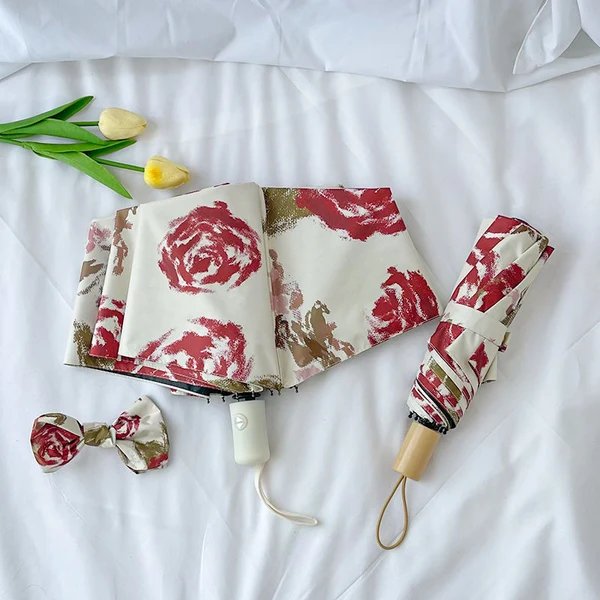 Damen Automatischer Faltregenschirm mit Blumenmuster Hover Image
