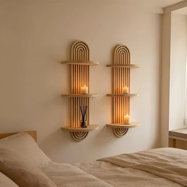 Boho-Wandregal aus Massivholz – mehrstufig und platzsparend | Für Wohnzimmer, Schlafzimmer und Flur Hover Image