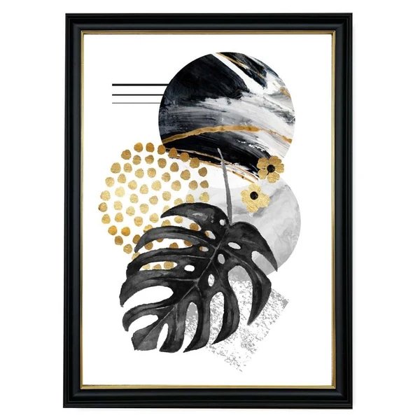 Abstraktes Wandbild mit schwarzen und goldenen Blättern und geometrischen Formen Hover Image