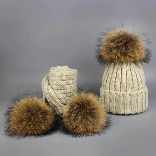 Warm gestrickte Pelzmütze Schal Set