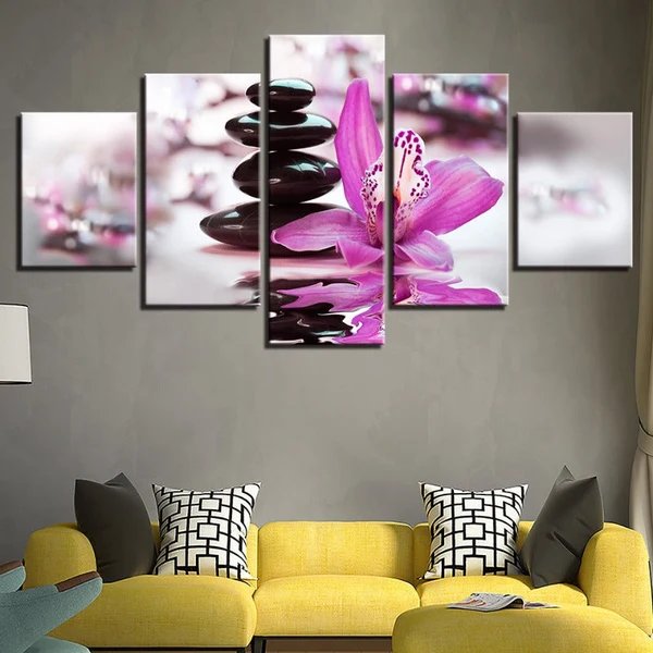 Zen Lila Orchideen 5-teiliges Leinwandgemälde Hover Image