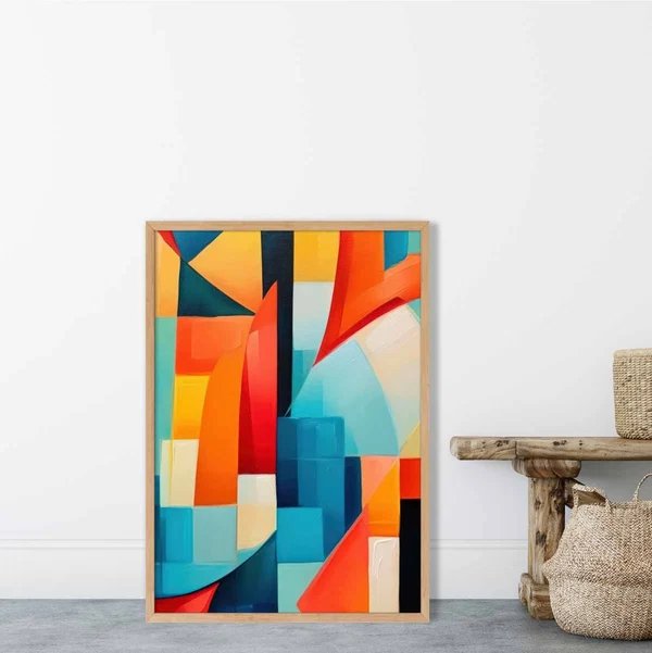 Abstraktes Gemälde, Kunstdruck mit farbenfrohen Formen, Blau, Rot und Gelb Nr. 1 Hover Image