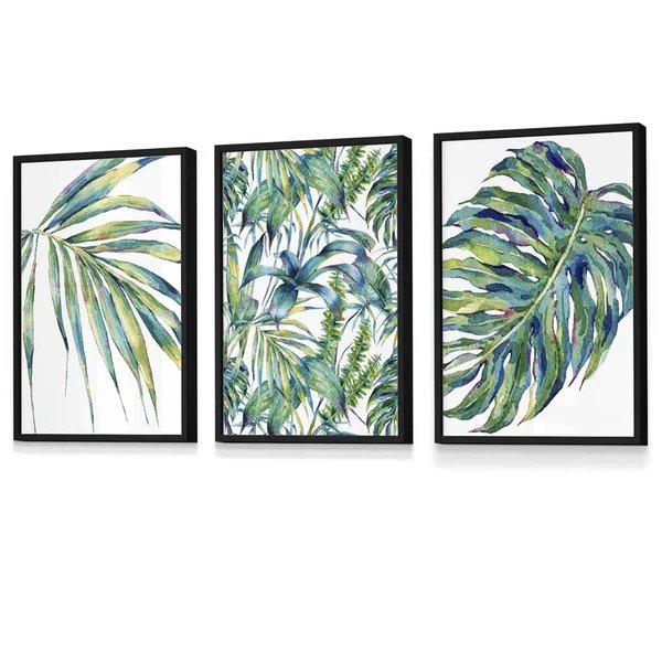 Botanisches Motiv in Blaugrün, 3-teiliges Set gerahmter Wandbilder