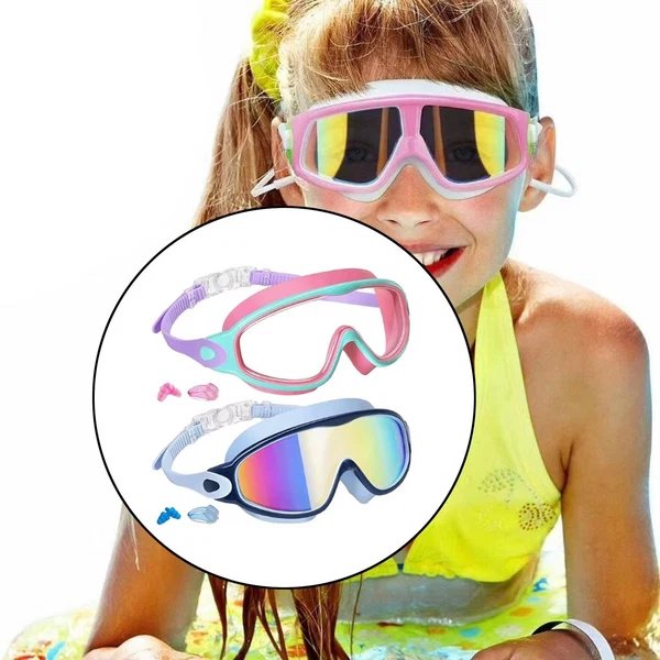 Schwimmbrille - Auslaufsichere Schwimmmaske mit Panoramasicht für Kinder mit Nasenclips und Ohrstöpseln Hover Image