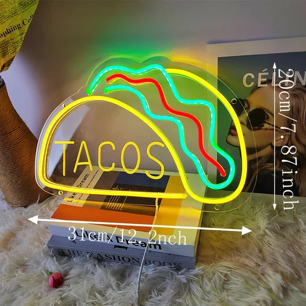 Neon Fast Food Schild – Leuchtendes Tacos Design, LED Nachtlicht für Restaurants und Küchen