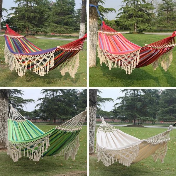 200x150cm Doppelte Outdoor-Camping-Hängematte aus Canvas mit Quasten und Stange (Rosa Streifen) Hover Image