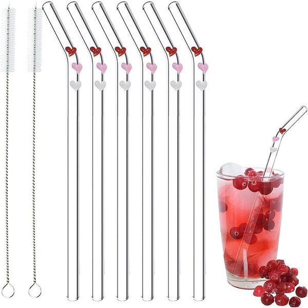 6 PCS Wiederverwendbare Buntglasstrohhalme mit Reinigungsbürste