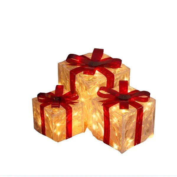 Leuchtende Geschenkboxen im 3er-Set – Transparente Weihnachtsdekoration mit roten Bändern | Für drinnen und draußen