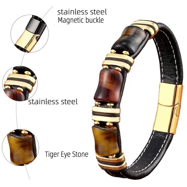 Armband aus Leder und Gold | Herrenschmuck mit Tigeraugenperlen