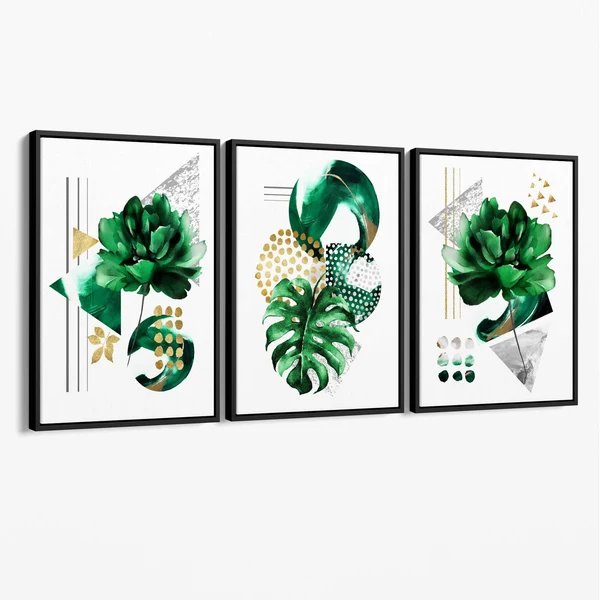Abstraktes grün-goldenes Blumenmotiv, Set aus 3 Leinwänden