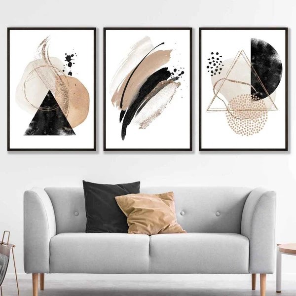 Abstraktes Set aus 3 Aquarell-Kunstdrucken in Schwarz und Beige Hover Image