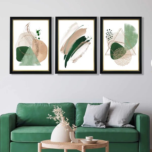 Abstraktes Set aus 3 Kunstdrucken in Salbeigrün und Beige Hover Image