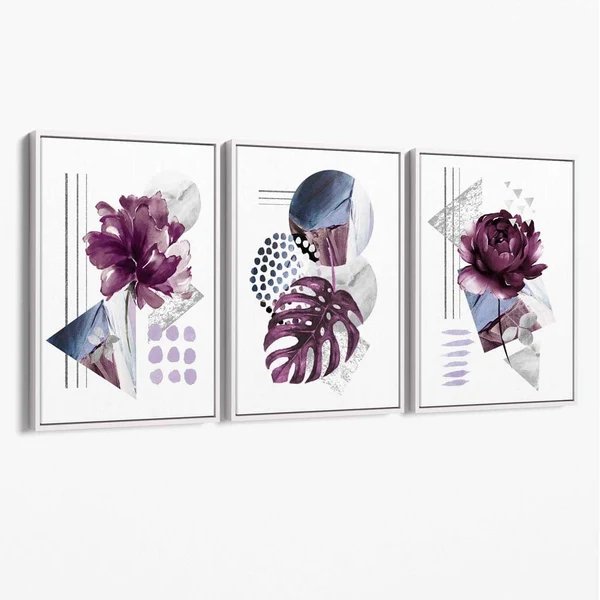 Abstraktes Set aus 3 Leinwandbildern mit lila und silbergrauen Blumen Hover Image