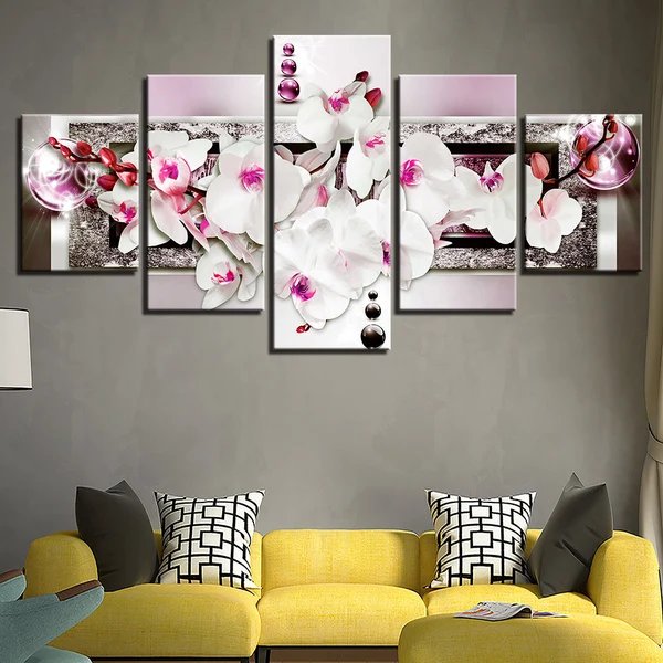 Atemberaubendes 5-teiliges Leinwandbild mit weißen und rosa Orchideen Hover Image