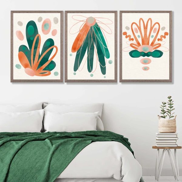 Abstraktes grün-oranges Blumenmuster, 3er-Set Kunstdrucke Hover Image