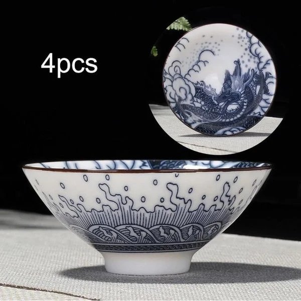 4-teiliges Blau und Weiß Porzellan Teetassen Set