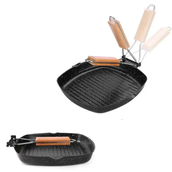 Antihaft-Gusseisen-Grillpfanne Faltbare Bratpfanne mit Holzgriff