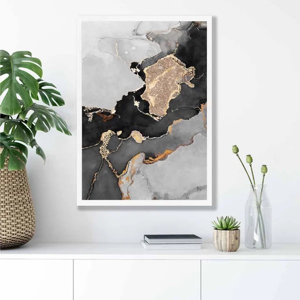 Abstraktes Kunstposter Nr. 1 in Schwarz, Grau und Gold Hover Image