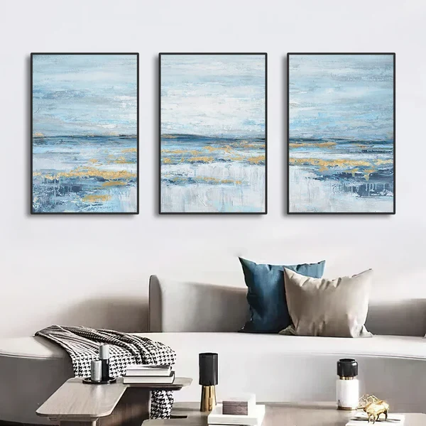 3er Set Blaues Ozean-Szenen Wandkunst Feine Kunst Leinwand Drucke Abstrakte Meereslandschaft Bilder Für Wohnzimmer Schlafzimmer Hotelzimmer Kunstdekoration