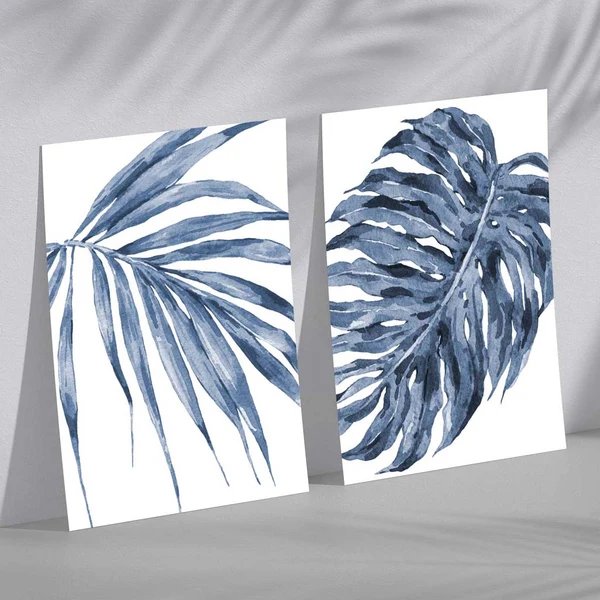 Blaue Monstera Papyrus Aquarell-Set mit 2 Kunstdrucken