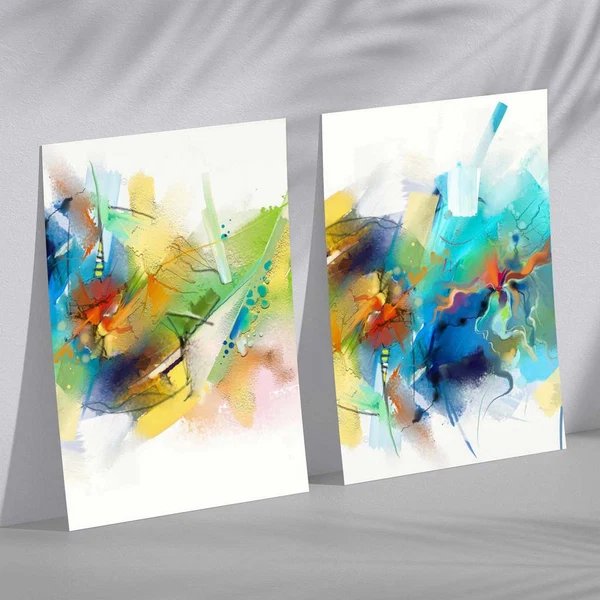 Abstraktes fraktales blau-grünes Set aus 2 Kunstdrucken