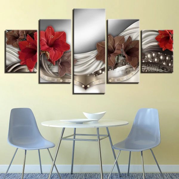 5-teiliges Leinwandbild mit eleganten roten Blumen