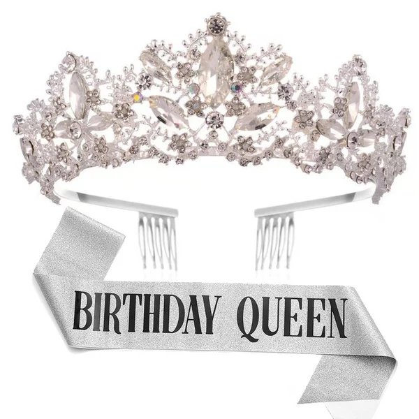 Damen Glitzernde Tiara mit "Birthday Queen"-Schärpe Hover Image