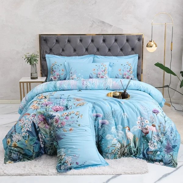Azure Bloom Bettbezug-Set (Ägyptische Baumwolle, 500 TC)