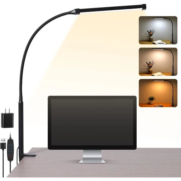 LED-Schreibtischleuchte mit augenschonender Klemmleuchte fürs Homeoffice, 3 Modi, 10 Helligkeitsstufen, langer, flexibler Schwanenhals, Metall, Schwenkarm-Schreibtischleuchte mit USB-Adapter, Weiß