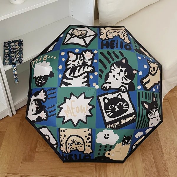 Damen Faltbarer Regenschirm mit verspieltem Katzenmuster