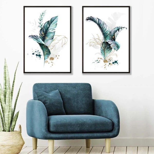 Abstraktes türkisfarbenes botanisches Blättermotiv, gerahmtes Set aus 2 Kunstdrucken
