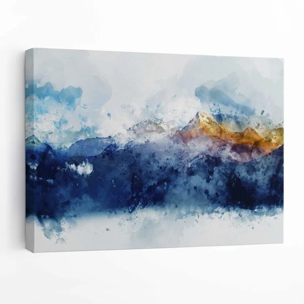Abstraktes Wandbild mit blauen und gelben Bergen (Leinwanddruck)