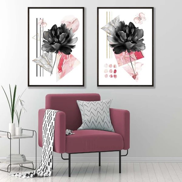 Zeitgenössische Blumen in Schwarz und Rosa, 2er-Set Kunstdrucke Hover Image