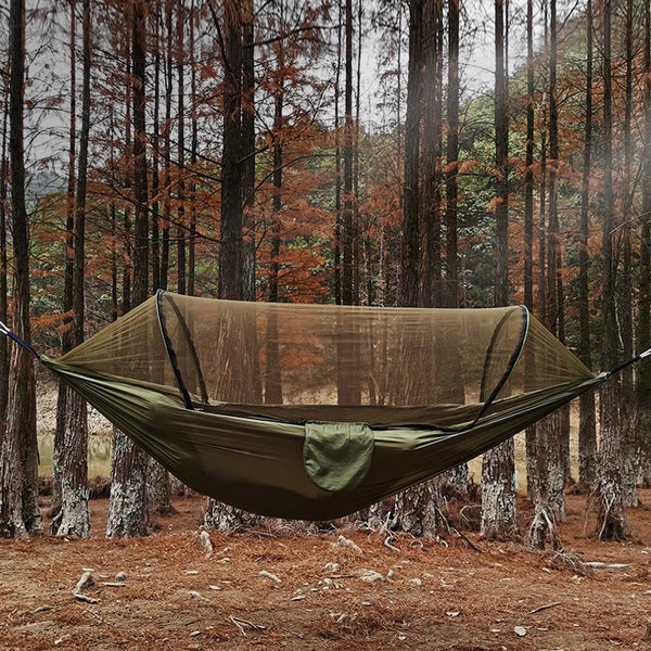 OutdoorRelax Hängematte mit Moskitonetz und Schnellverschluss – 200 kg Tragfähigkeit