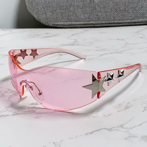 Damen stylische Sportsonnenbrille mit Drittelrahmen und auffälligen Sternenakzenten Hover Image