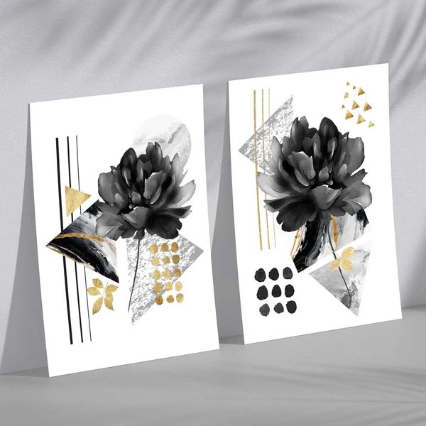 Zeitgenössische Blumen in Schwarz und Gold, 2 Kunstdrucke