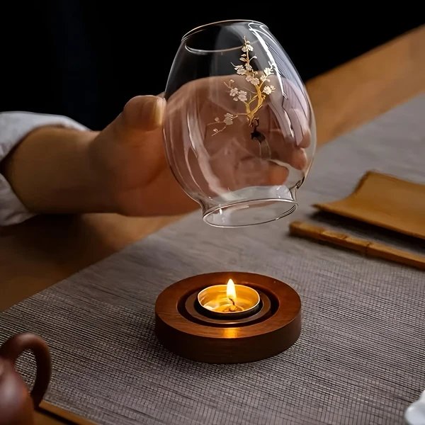 2-teiliges Set aus Glaskerzenhaltern mit Holzsockel – dekorativ im Retro-Zen-Stil | Perfekt für Wohnzimmer, Terrasse und Außenbereich Hover Image