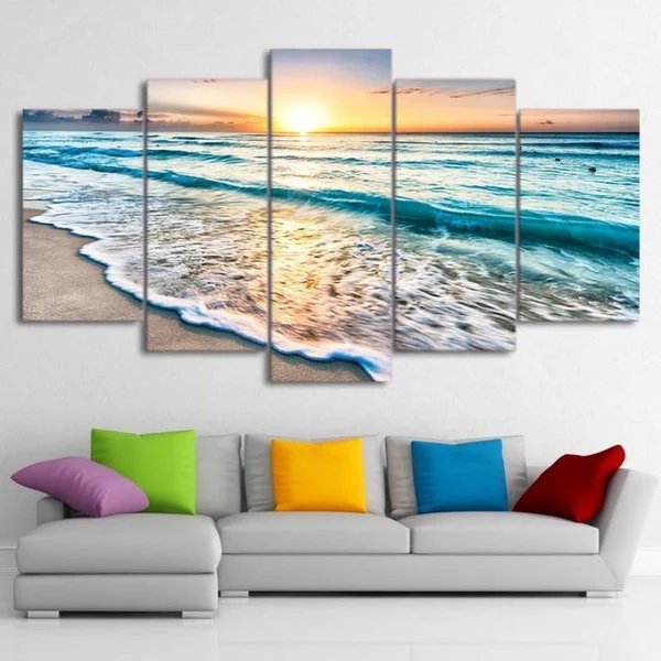 5-teiliges Leinwandbild „Sonnenuntergang am Strand“ | Küsten- und Sonnenuntergangsdekoration für Wohn- und Schlafzimmer