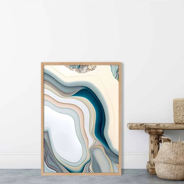 Abstrakter zeitgenössischer Kunstdruck in Beige und Blau Nr. 2 Hover Image