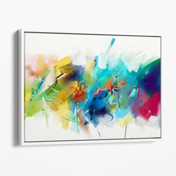 Abstrakter, farbenfroher Kunstdruck auf Leinwand in Rosa, Blau und Gelb Hover Image
