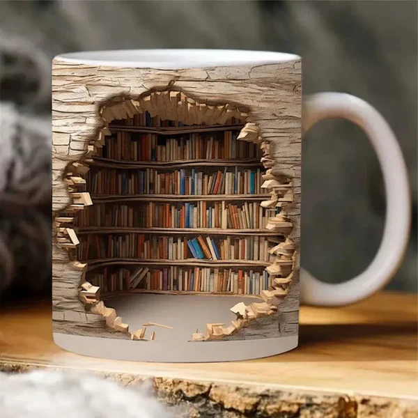 Bücherregal-Tasse – 3D-Keramik-Kaffeebecher für Bücherliebhaber
