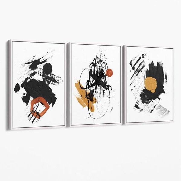 Abstraktes Set aus 3 minimalistischen Leinwandbildern in Schwarz, Gelb und Orange Hover Image