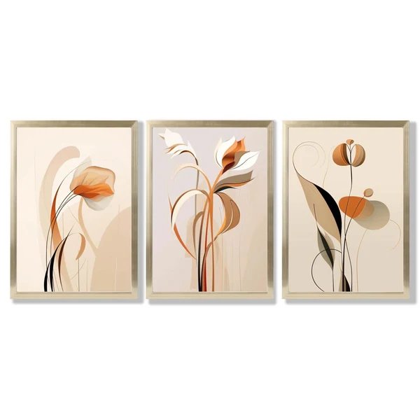 Art-Deco-Kunstdrucke, beige-orange mit Blumenmuster, 3-teiliges gerahmtes Kunstdruck-Set Hover Image