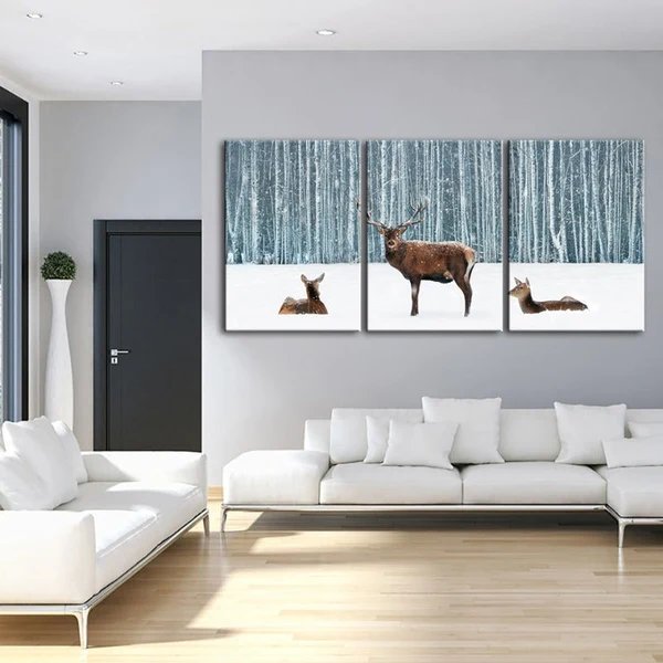 Zwei Rehe und ein Hirsch im Winter - Leinwandbild, 3-teilig Hover Image