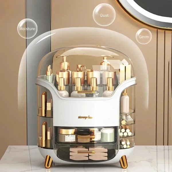 Luxuriöser transparenter Makeup-Organizer mit rotierenden Türen und Schubladen