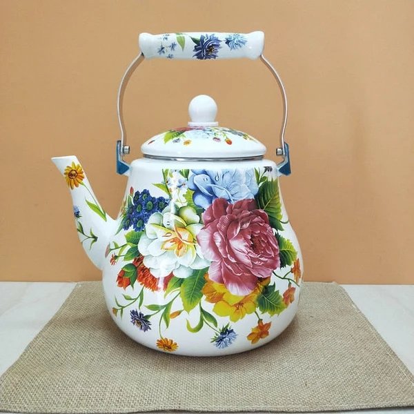 Flacher Boden Runde Emaille Teekanne Blumen Teekanne Milch Haus Teekanne