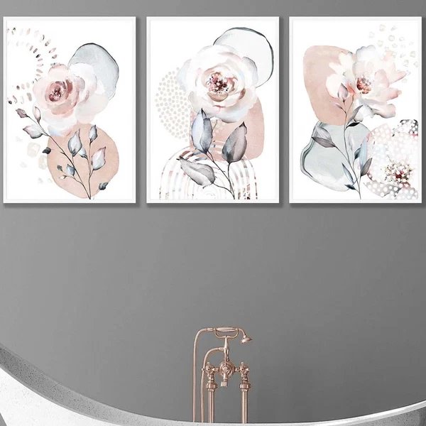 Abstrakte Kunstdrucke mit Blumen in Rosa und Grau Hover Image