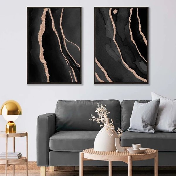 Abstraktes Set aus 2 Kunstdrucken in Schwarz und Gold Hover Image